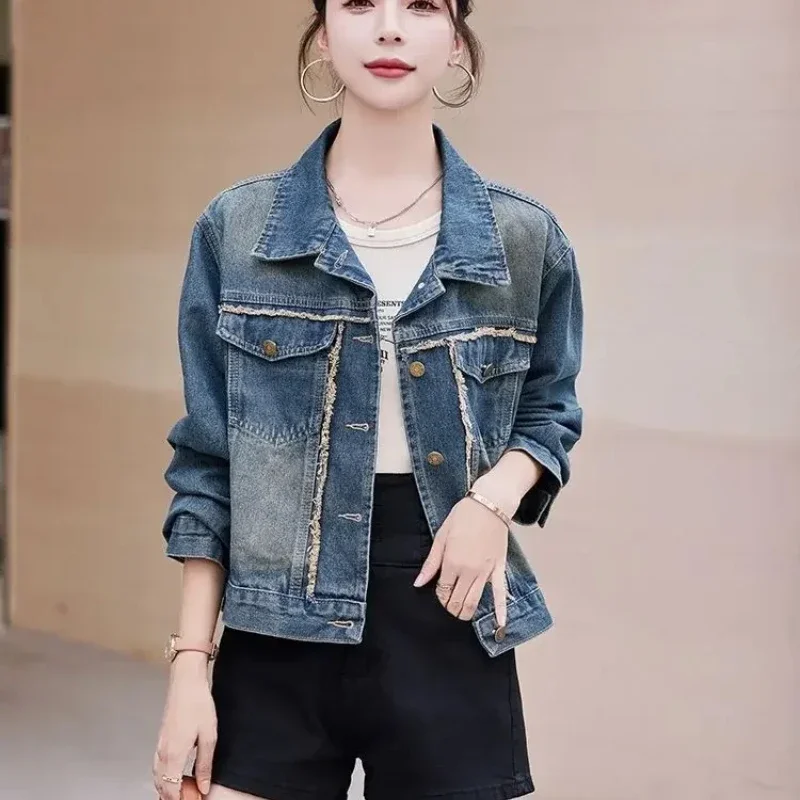 Весна-осень 2024 новые поступления женские джинсовые куртки с длинными рукавами