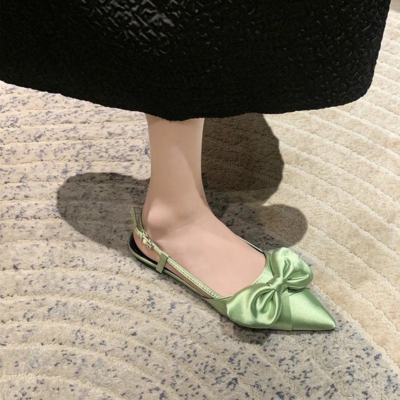 A4 Summer New Fashion Sexy Pointed Bow Tie Women's Sandals Shallow Belt Buckle Solid Color Comfortable Single Shoe Women