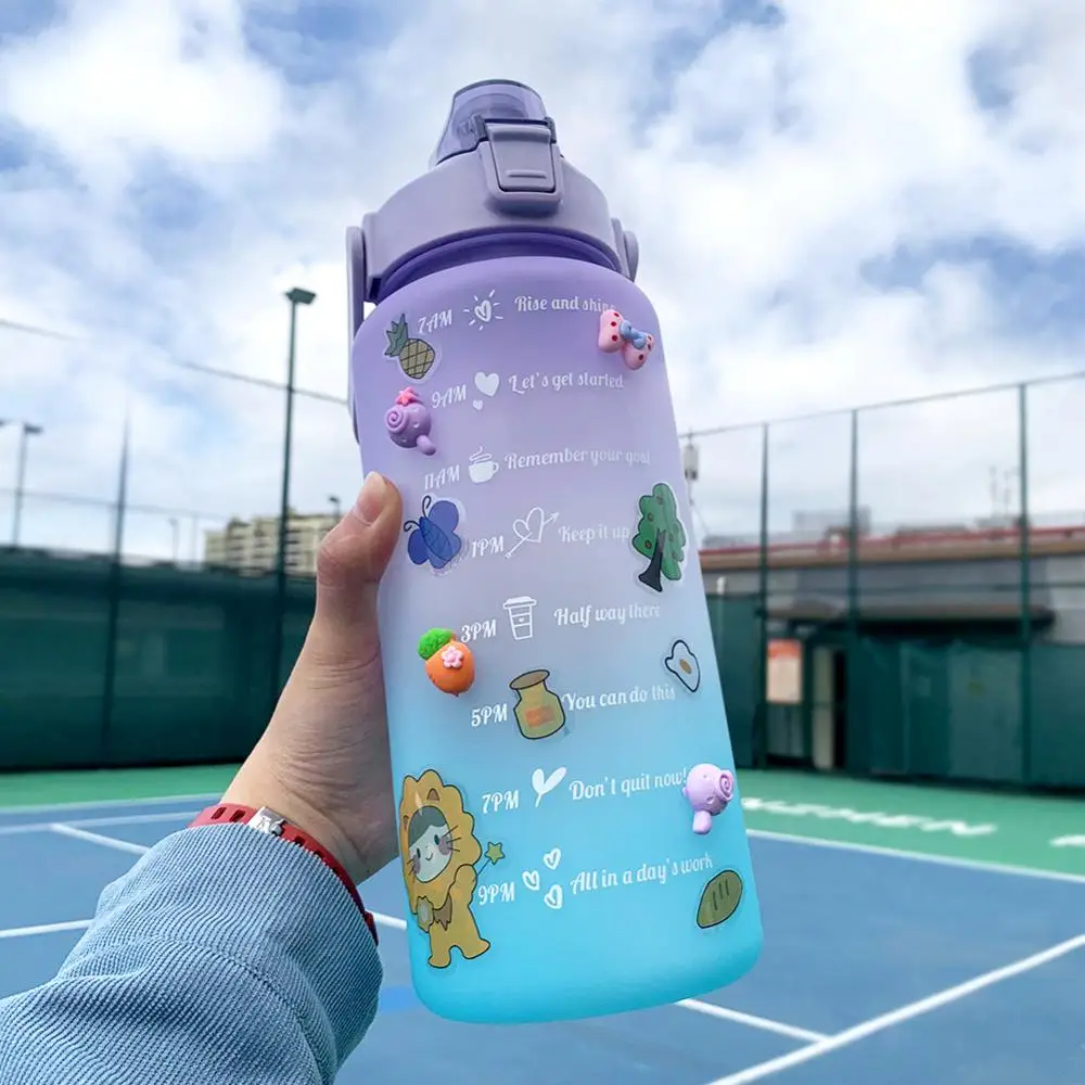 

Вдохновляющая бутылка для воды большой емкости 2 л, герметичная Спортивная бутылка для воды с маркером времени, портативная фотография