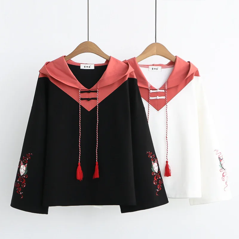 

Hooded Women's Japanese Little Fresh and Lovely Girl Heart Cartoon Printing Color Matching Tassel Hooded Soft Sister Sweatshirt