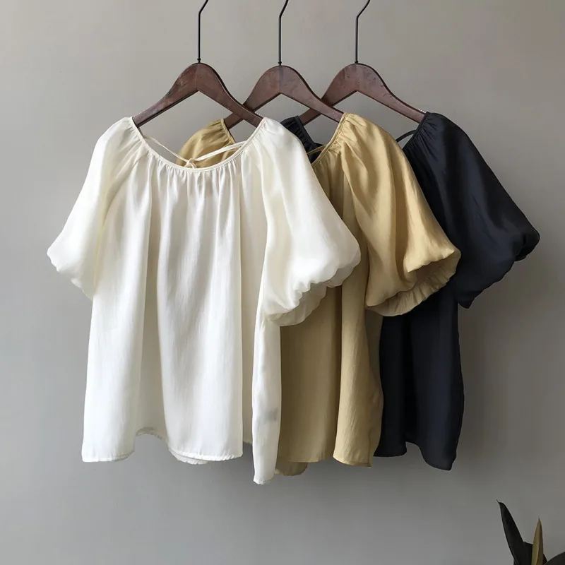 

2022 Summer Puff Sleeve Women Blouses Elegant Backless Lace-up Short Sleeve Loose Off Shoulder Blouses Solid Color Thin Tops