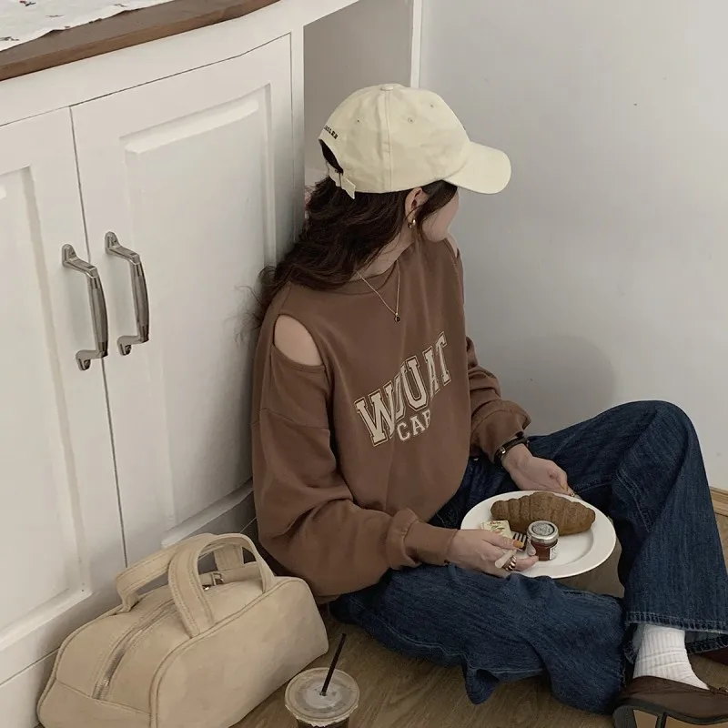 

Women Tops Long Sleeve 2022 Fashion Round Neck Strapless Tops for Women Elegant Loose Lettering Print Hoodies Women Winter