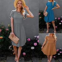 2022 spring and summer womens dress round neck lace pleated solid color temperament commuter new womens dress