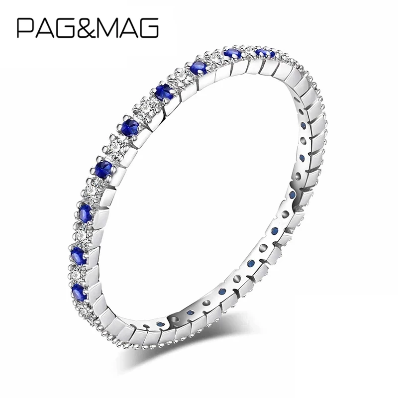 

PAG&MAG 925 Sterling Silver Row Blue Zircon Thin Stackabl Rings For Women Statement Wedding Band Finger Fashion Jewelry Bagues