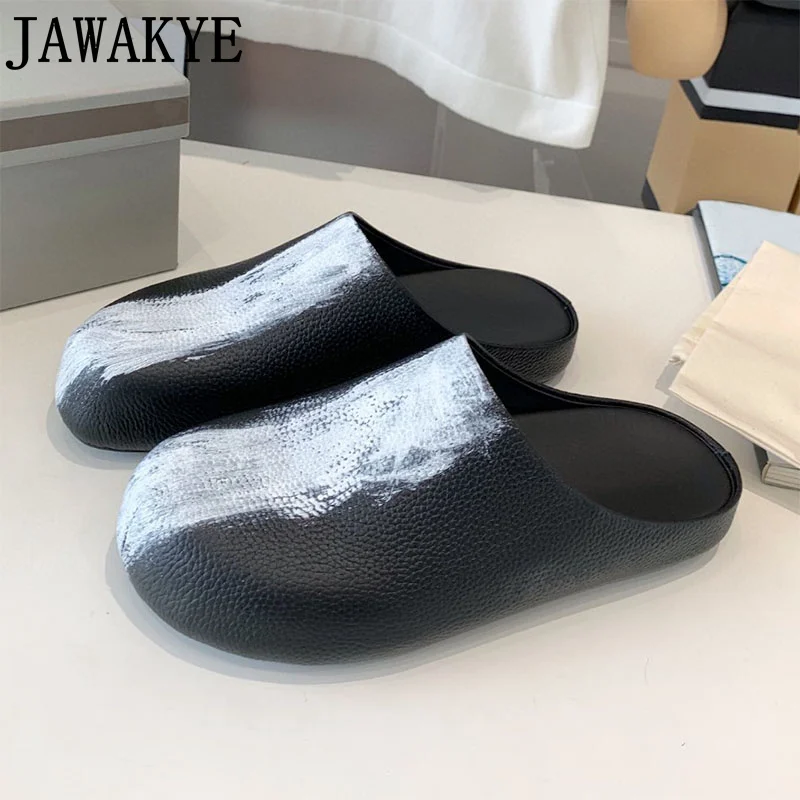 

Шлепанцы унисекс кожаные, сандалии на платформе, круглый носок, Повседневная пляжная обувь для мужчин