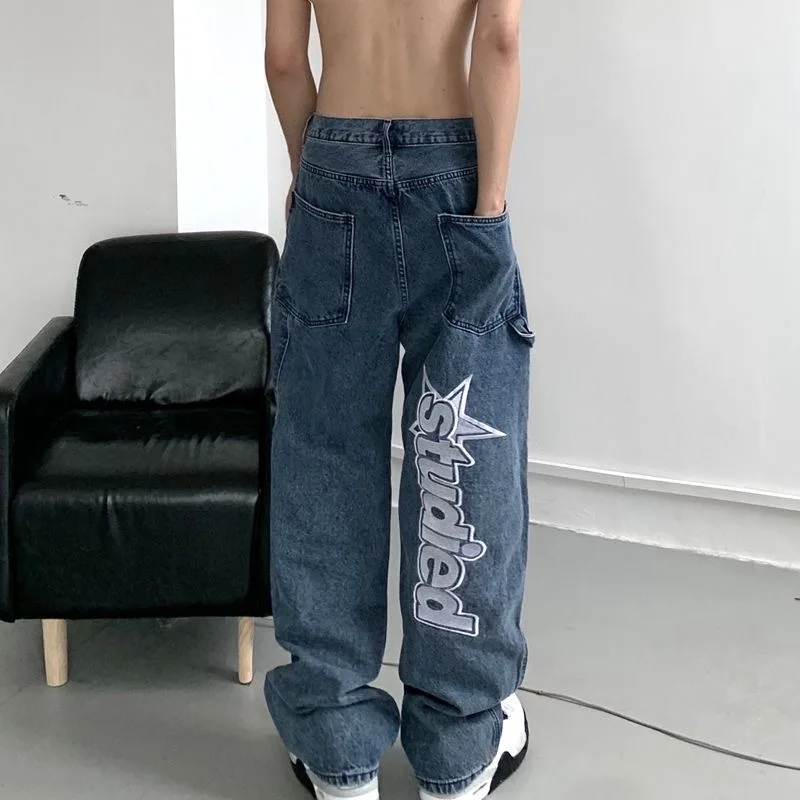 Autumn Streetwear Y2k Baggy Jeans Men Star Embroid Denim Trousers Women Vintage Straight Wide Leg Pants Male Brand Clothing 청바지