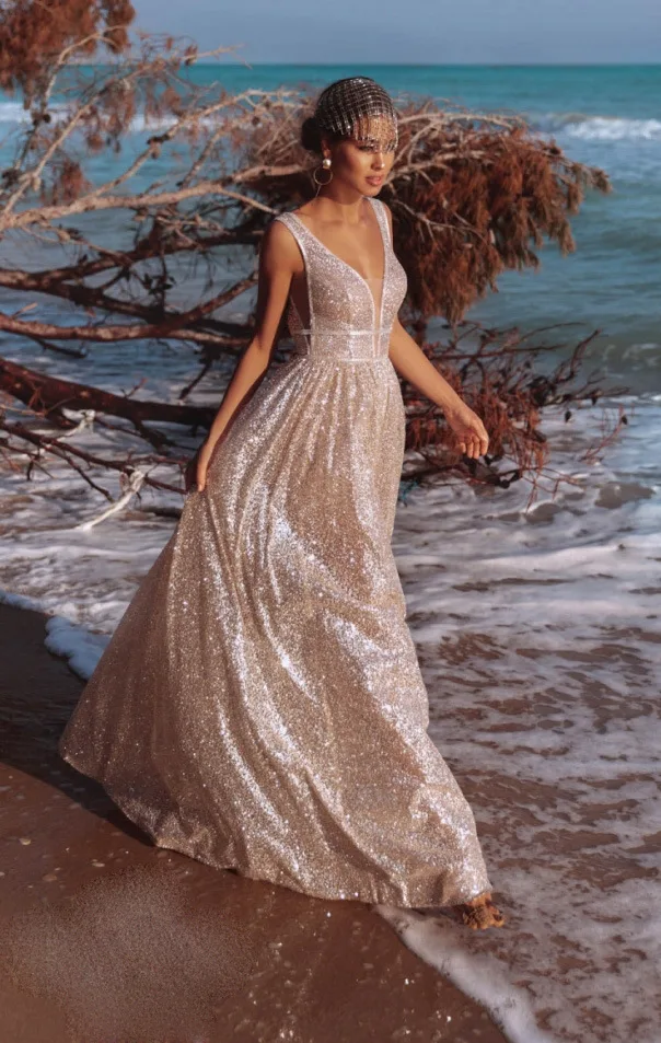 

Женское длинное вечернее платье без рукавов, элегантное платье с блестками и V-образным вырезом для невесты и подружек невесты