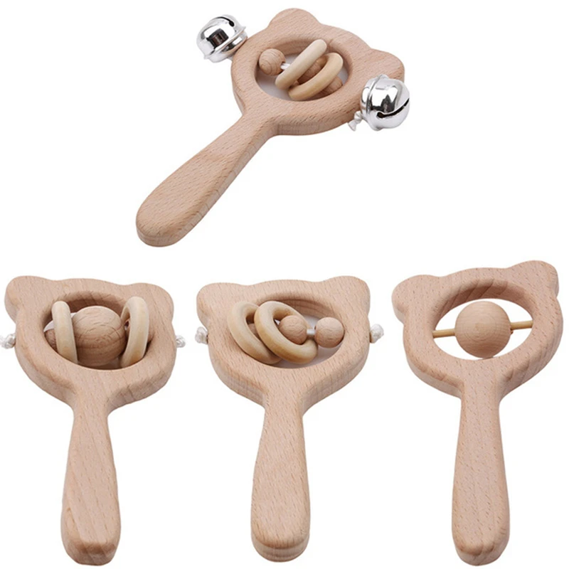 

Wooden Rattle Beech Bear Hand Teething Wooden Ring Kids Rattles Play Gym Montessori Stroller Toy Educational Toys