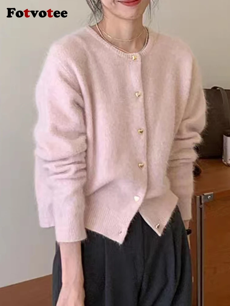 Женский Укороченный кардиган Fotvotee модный вязаный розовый свитер в Корейском