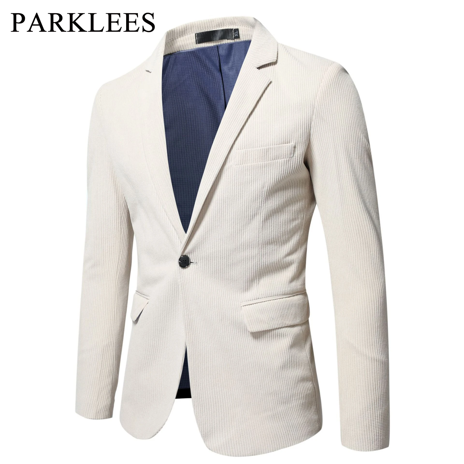 

Parklees New Off White Corduroy Blazer 2022 Autumn Winter Slim Fit Single Button Suit Jacket Business Casual Solid Vintage Coats