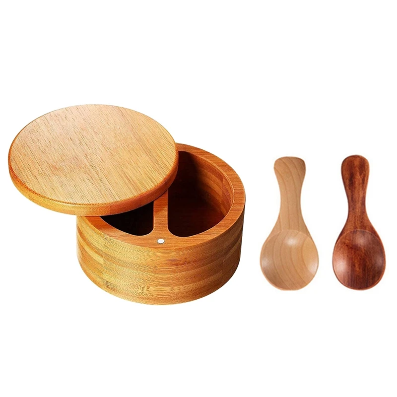 

Bamboo Salt And Pepper Box, Salt Cellar With 2 Storage Compartments Swivel Lid And Magnet To Keep Dry, With 2 Spoons