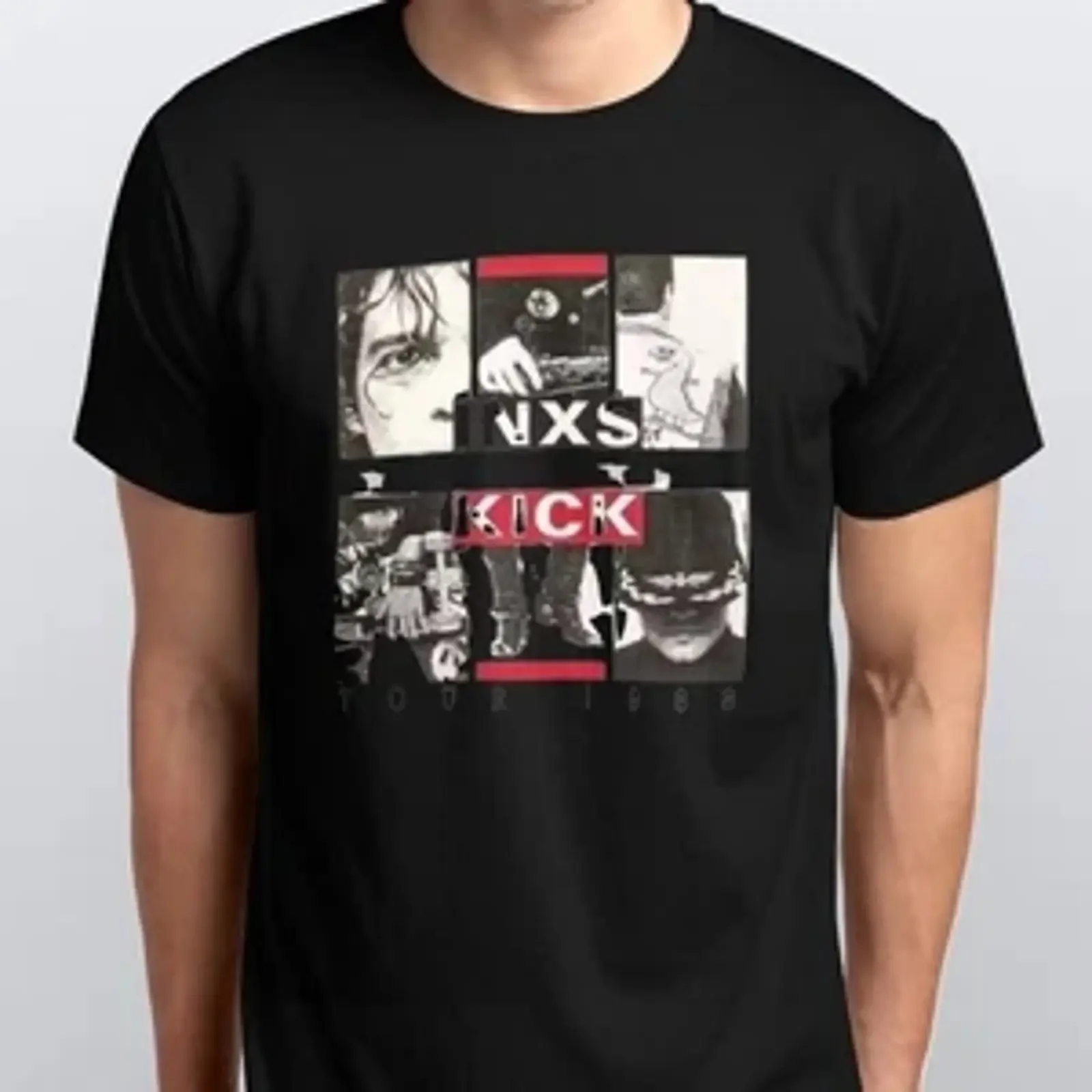 Фото Футболка INXS KICK BAND, размеры SML XL XXL, цвета: черный, белый, винтажный стиль, с эффектом потертости, эластичная, стильная, универсальная, дышащая, мужская, слегка облегающая. №1