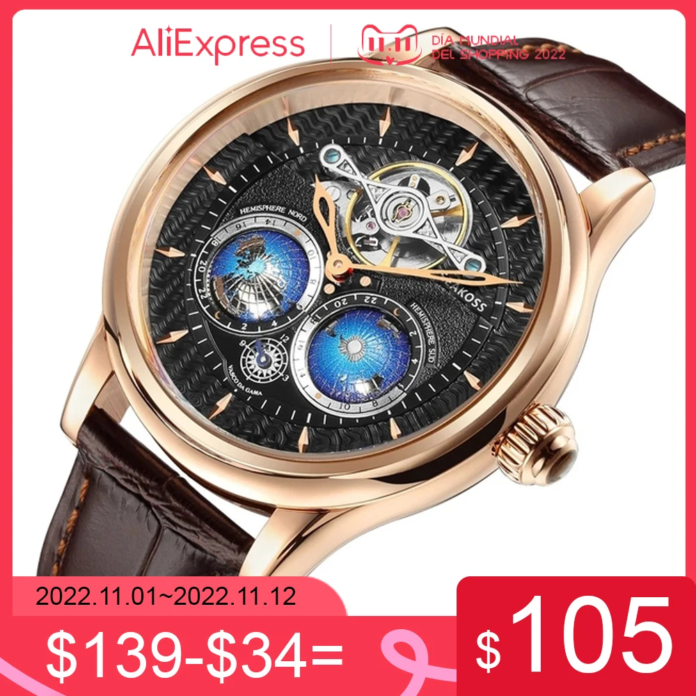 Купить Мужские механические часы с турбийоном SEAKOSS, полностью автоматические наручные часы с 3D изображением земли, двойным круглым вращением, 5 атм