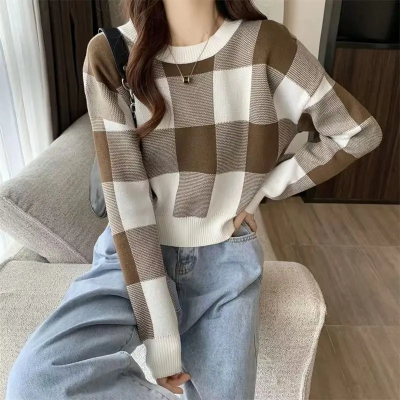 

Winter Sweater Women Color Contrast Patchwork Geometry Knitwear Round Collar Long Sleeve Pullover Female Korean Fashion Q138
