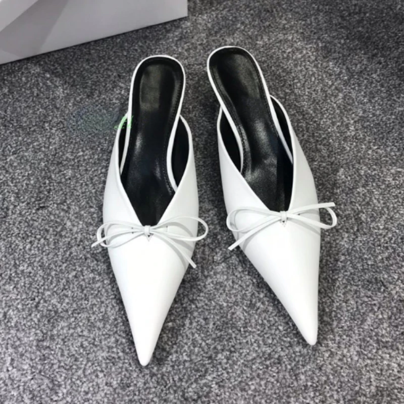 2023 New Pointed Half Pack Slippers Women's Bow Short Heel Cat and Muller Half Slippers