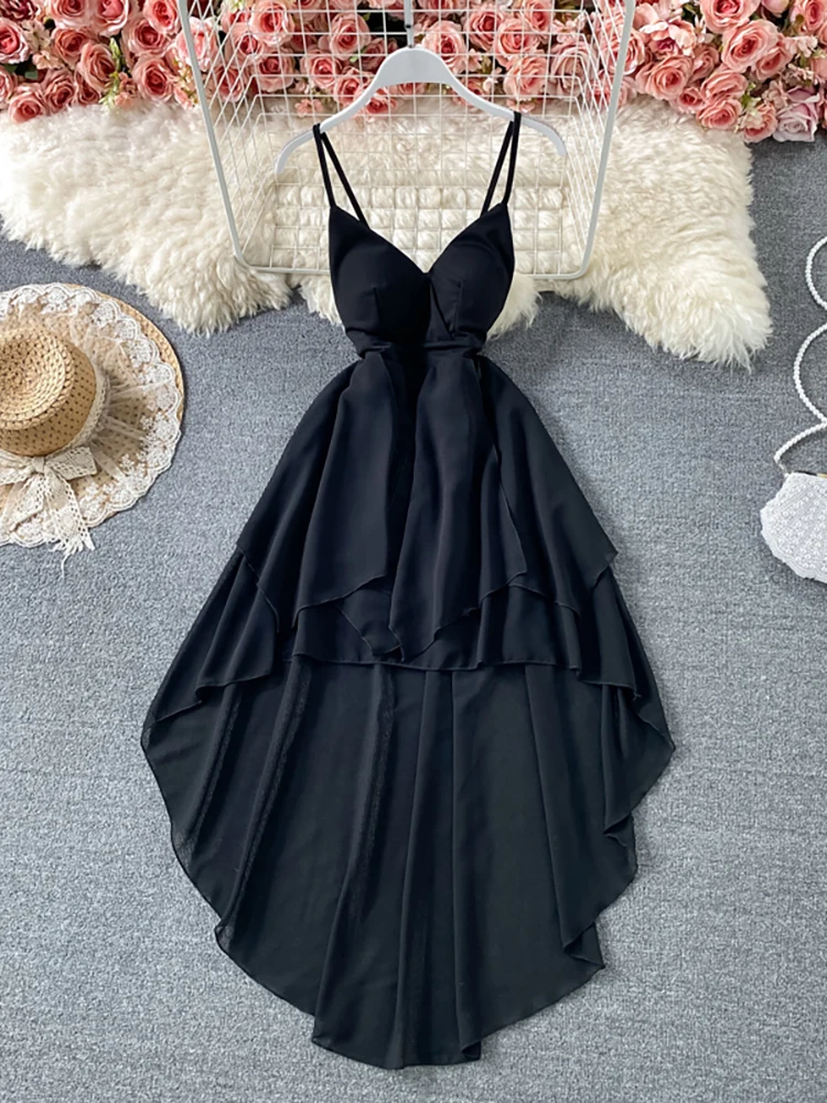

Summer Black/White Irregular Spaghetti Strap Long Dress Women Sexy Strapless High Waist Ruffle Open Back Vestidos New Robe