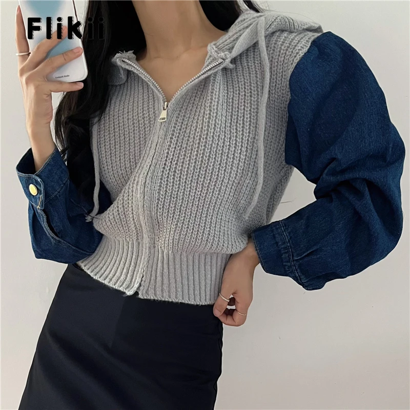 

Женский трикотажный кардиган с капюшоном, повседневный винтажный свитер в Корейском стиле на молнии с длинными рукавами и завязками, зима 2023