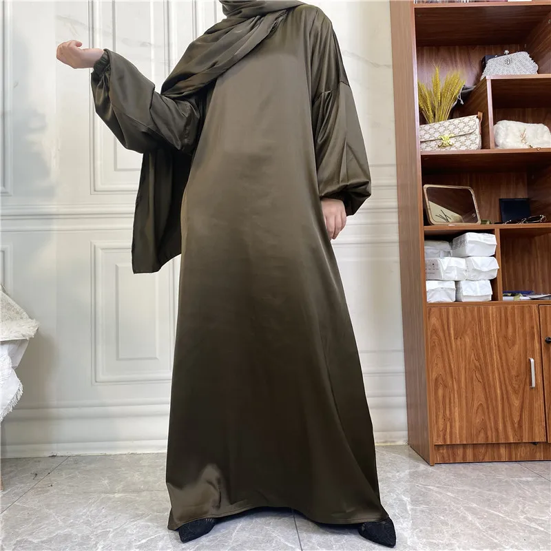 Solid Color Satin Dress for Muslim Women Ramadan Abaya Dubai with Hijab Side Pockets Modest Dress Islam  جلابيه نسائية