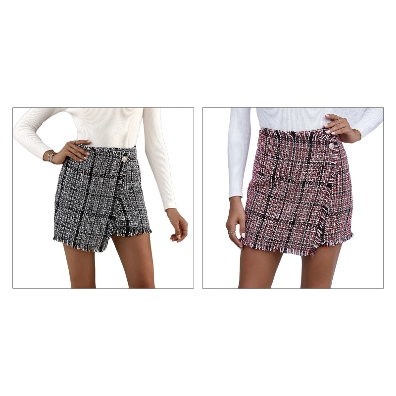 

Women Mid Waist Plaid Print Asymmetrical Wrap Slim Mini Pencil Skirt Button Front Vintage Frayed Raw Hem Streetwear