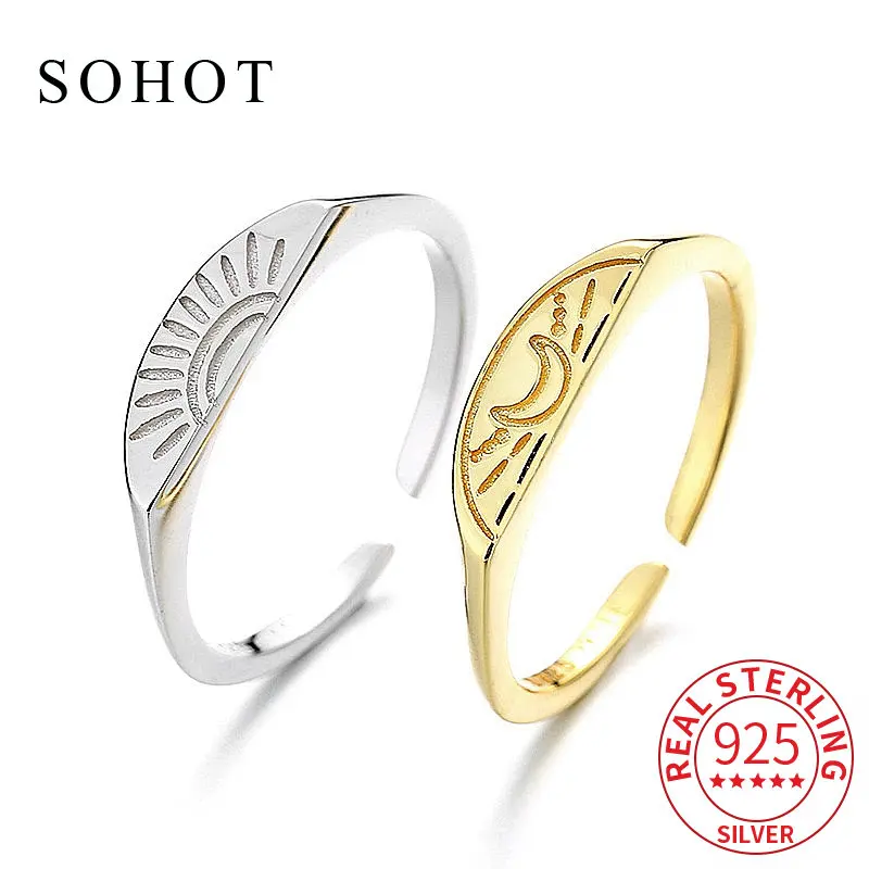 

Real 925 Sterling Silver INS Style Couple Adjustable Ring For Women Cute Fine Jewelry Minimalist Moon Sun Accessories