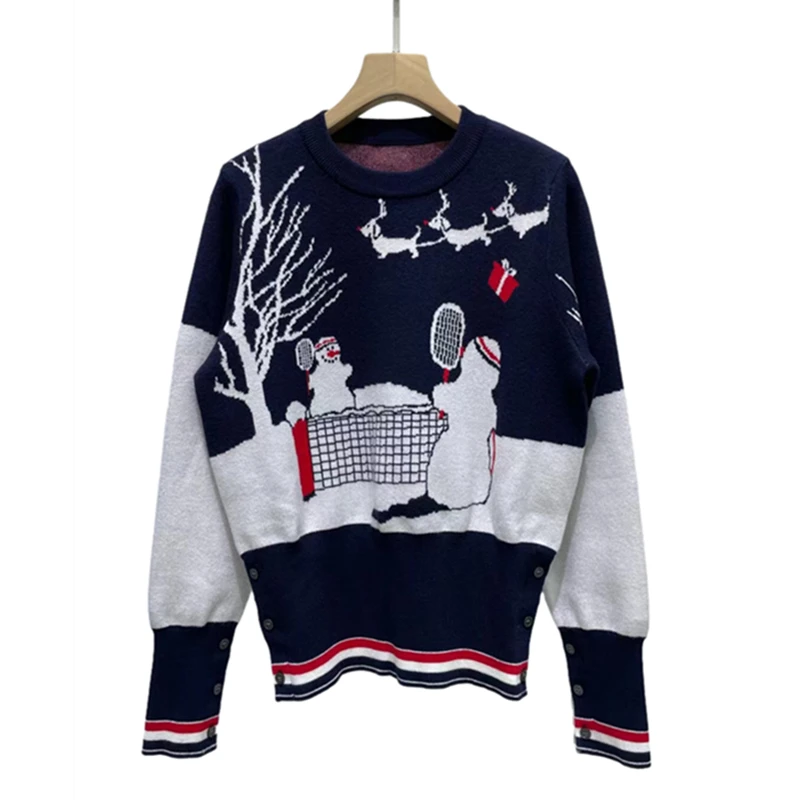 

Korean Style TB High Version Sweater Autumn and Winter Snowman Jacquard Four Bar Pullover Knitwear Christmas New Women's Jacket