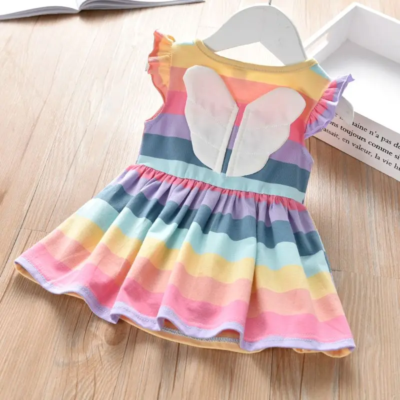 

Children's Clothing 2023 Summer Baby Girls' Rainbow Striped Vest Children's Sweet Flounced Sleeve Wings Dress Fashion