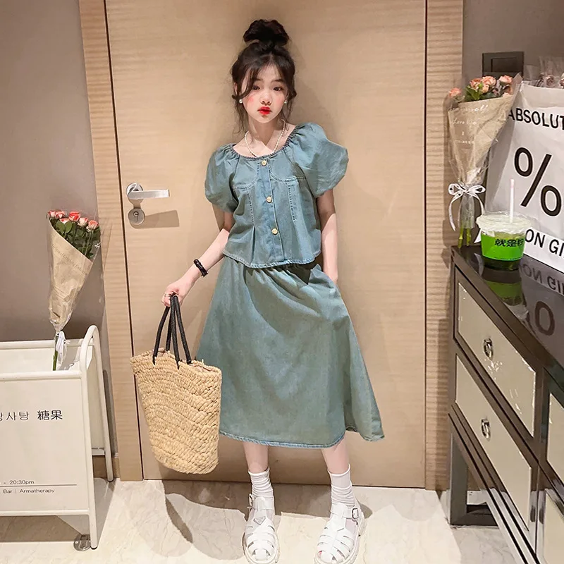 

Teen Girls Skirt Sets Summer Fashion Blue Short Sleeve Tops Denim Skirt Two Pieces Kids Outfits 13 14 15 Years Children Clothes