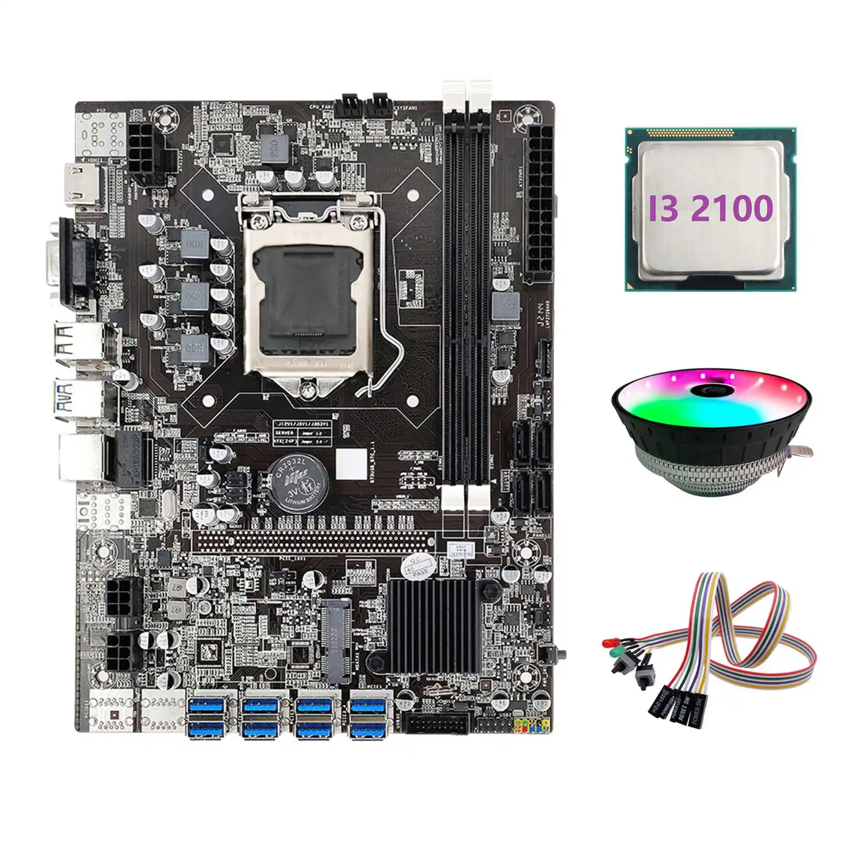 

B75 ETH Mining Motherboard 8XPCIE to USB+I3 2100 CPU+Dual Switch Cable with Light+RGB Fan LGA1155 B75 Miner Motherboard