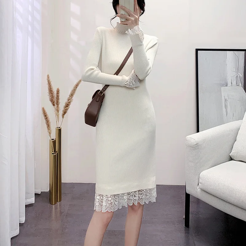 

Autumn Winter New Women Long-sleeved Dress Design Sense Lace Knitted Skirt Slim Straight Round Neck Solid Color Bottoming Skirt