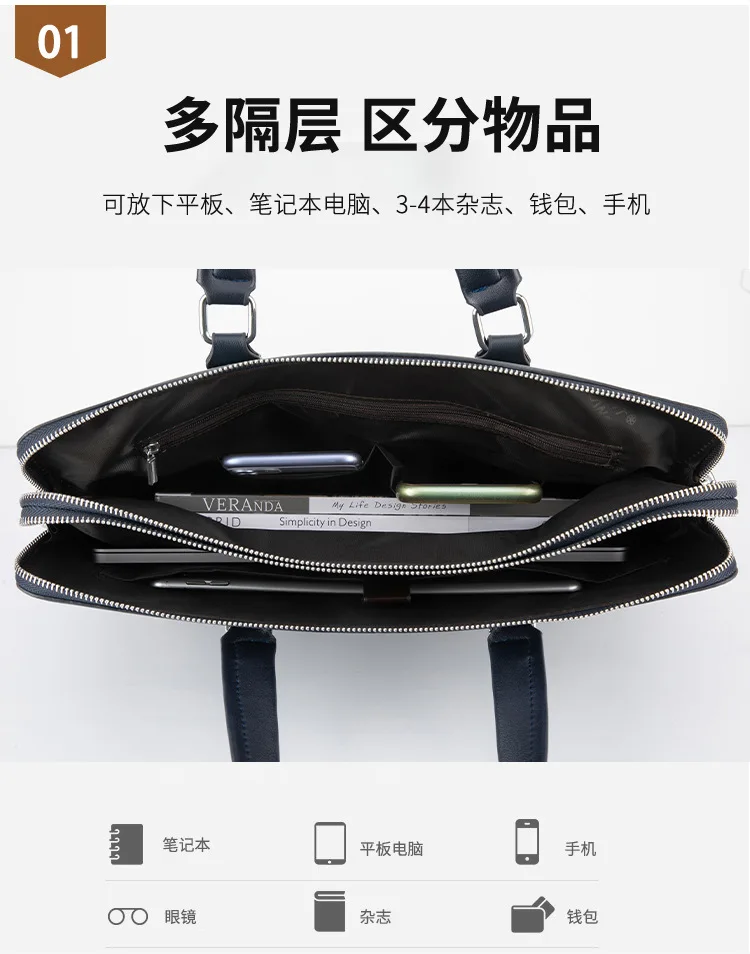 Men's Briefcase Double Zipper Shoulder Bag New Fashion 14 Inch Laptop Case Large Capacity Male Business Handbag  Travel Tote