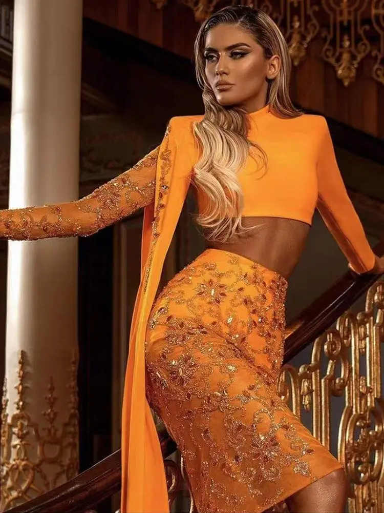 

2022 Women's Summer Sexy Sequins Glitter Sparkly Long Sleeve Orange Two Piece Mini Bandage Set Celebrity Evening Party Set
