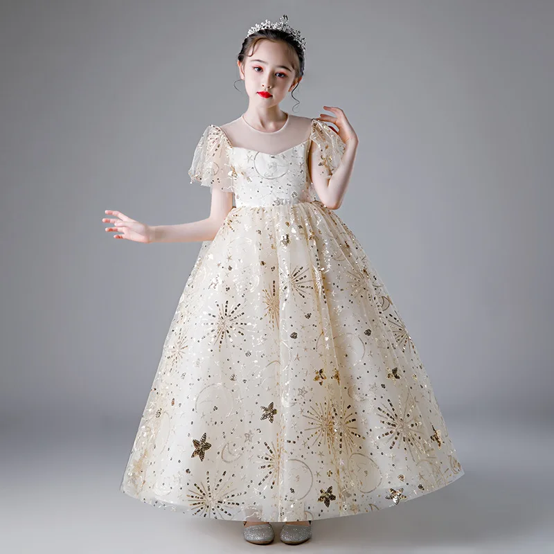 

Girl's Dress Teens Kids Dresses Party Flowergirl Wedding champagne Sequin Princess Dress Piano playing costume Children clothes