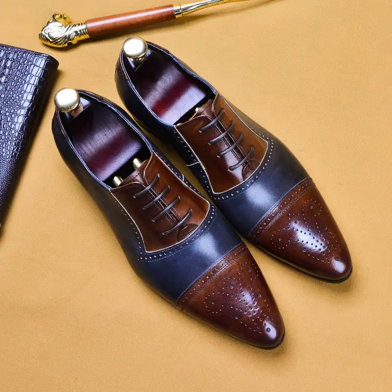 

Туфли-Броги мужские из ПУ кожи, модные деловые повседневные туфли, с острым носком, на шнуровке, оксфорды, классические, CP115