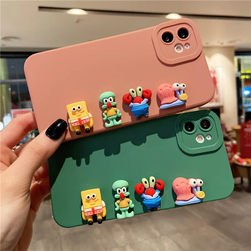 

Cartoon SpongeBob SquarePants Telephone Case 3D Phone Shell for IPhone 11 12 13 14 Pro Max XS XR X Silicone Shockproof Cover
