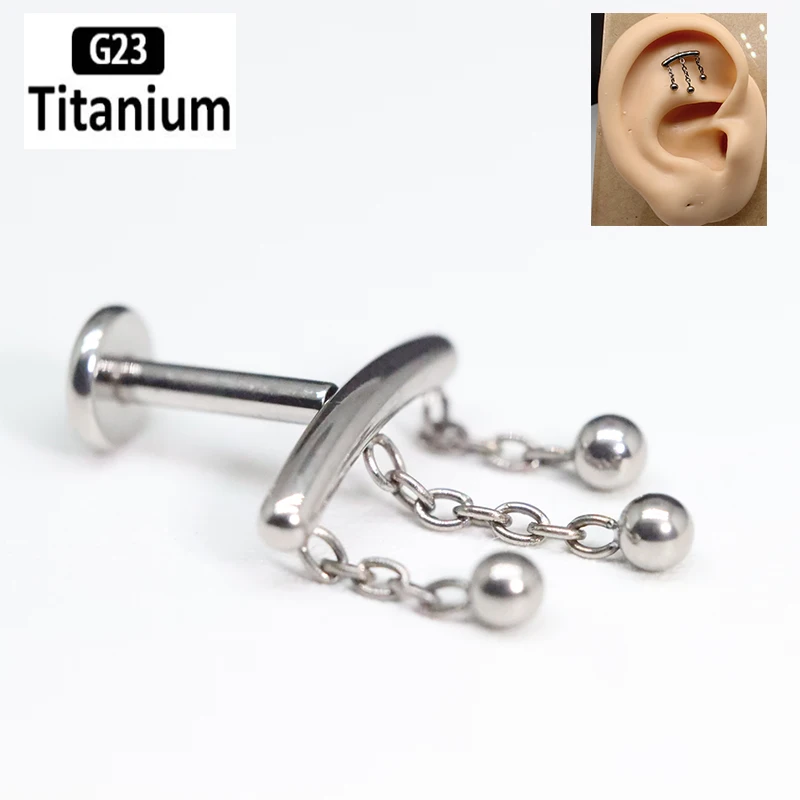 

ASTM F136 Titanium Labret Piercing Chain Ear Studs Tragus Lip Rings Internal Thread Helix Earrings Ear Cartilaged Lobe Jewelry