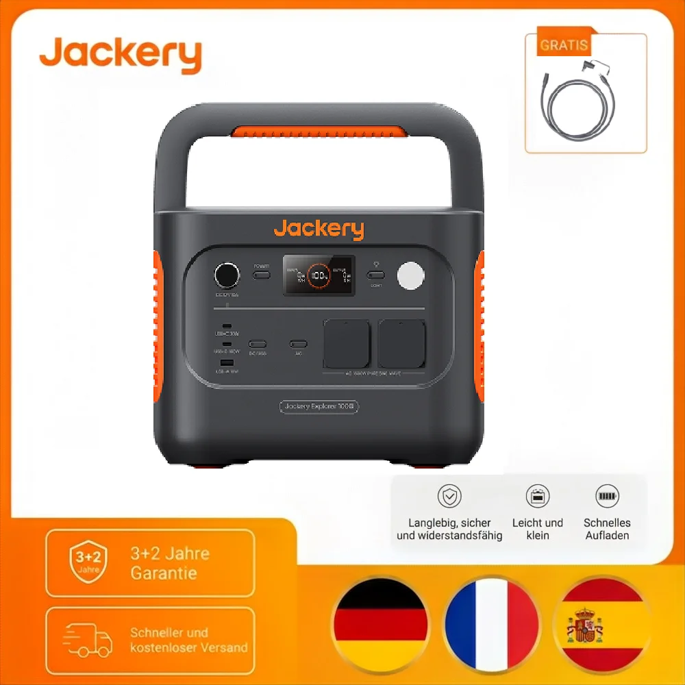 Jackery Explorer 1000 V2 Portable Power Station with DC8020 Car charging cable, 1070Wh LiFePO4 Solar Generator, 1500W AC/100W USB-C Output, 1 hour Fast charging, for outdoor camping, mobile home