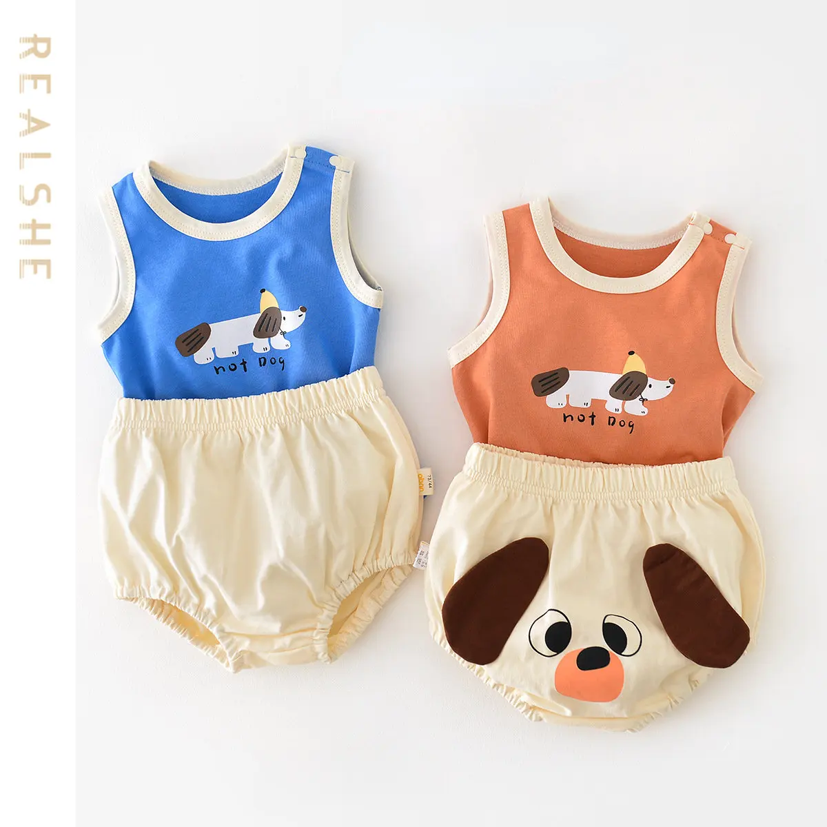 

2023 Toddler Boys Summer Clothes Cartoon Kids Set Sleeveless Animal T-Shirt Tops + Romper Shorts 2pcs Children Outfits