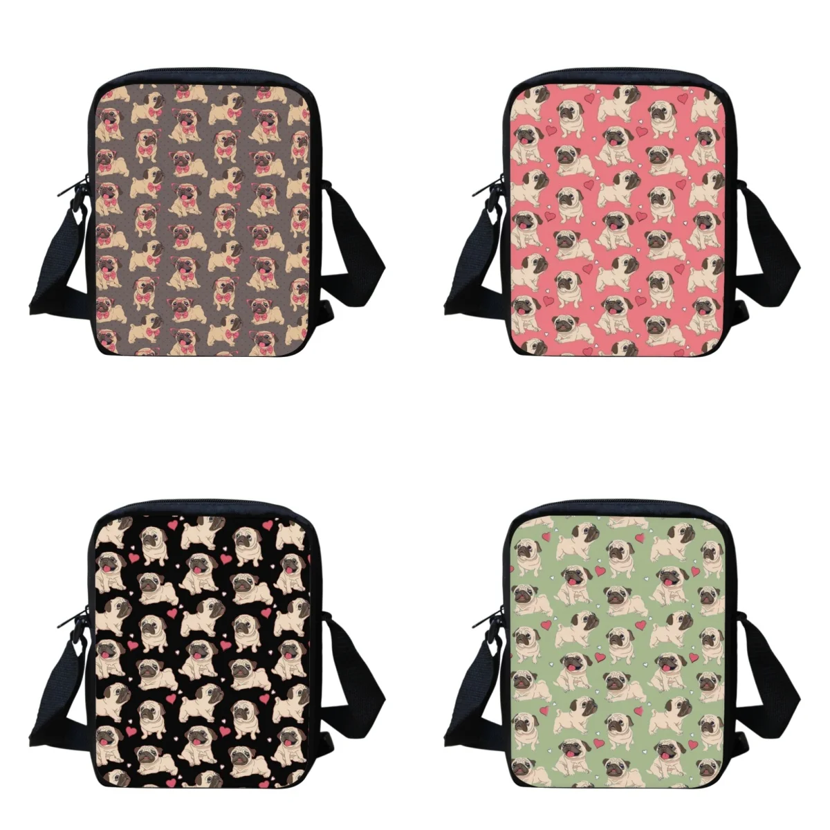 Women Shoulder Bags for Camping Fashion Puggy Dogs Print Mini Messeger Bag Small Handbag Portable Ladies Crossbody Sac Zipper