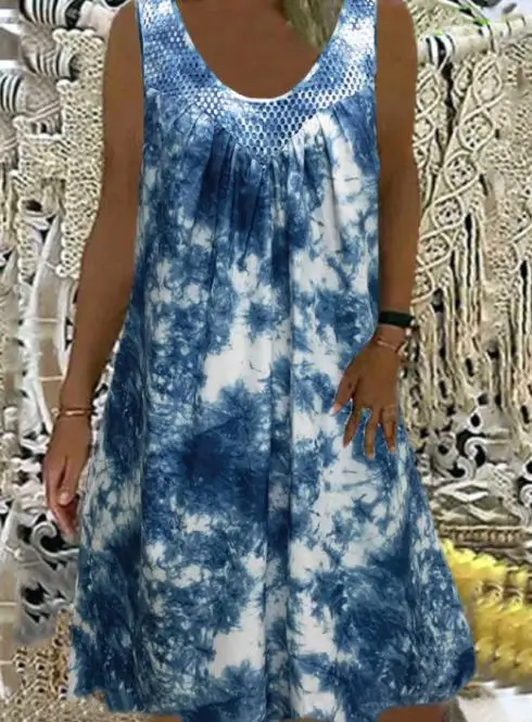 

Elegant Party Dresses for Women 2023 Summer New Sexy Mesh Panel U Neck Sleeveless Casual Print Pocket Dress Style Commuter