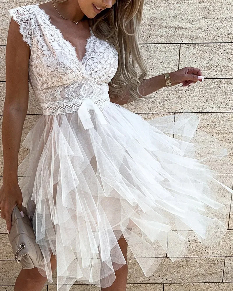 

Women Sexy V Neck Mini Dress Elegant Embroidery Crochet Lace Patchwork Double Ruffle Short Dress Summer Sleeveless Party Dresses
