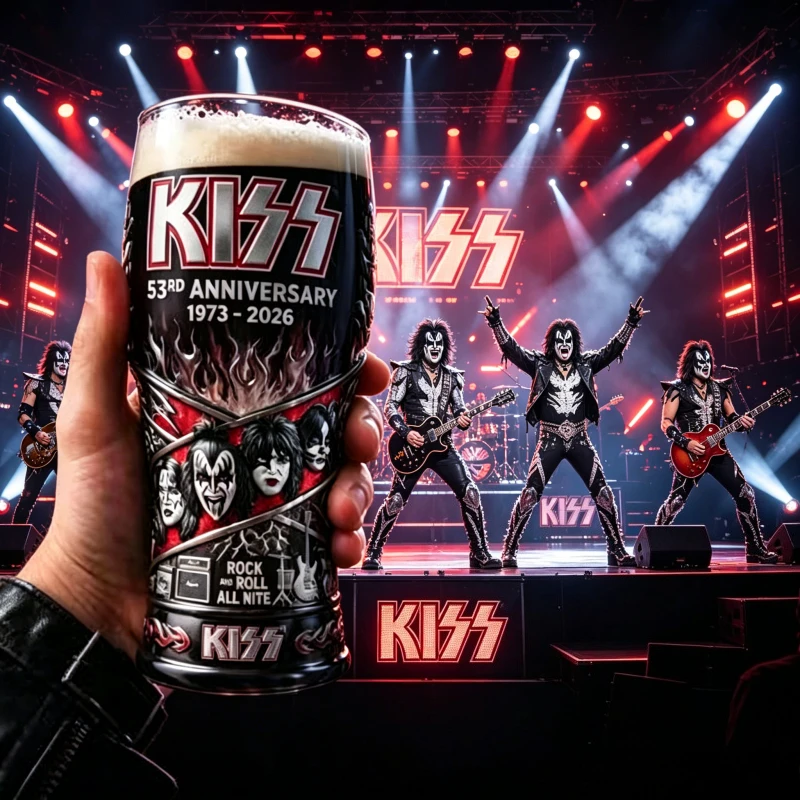 Фото Стеклянный стакан в винтажном стиле с 3D-рельефным логотипом рок-группы KISS к 53-летию группы (1973-2026) для любителей музыки №1