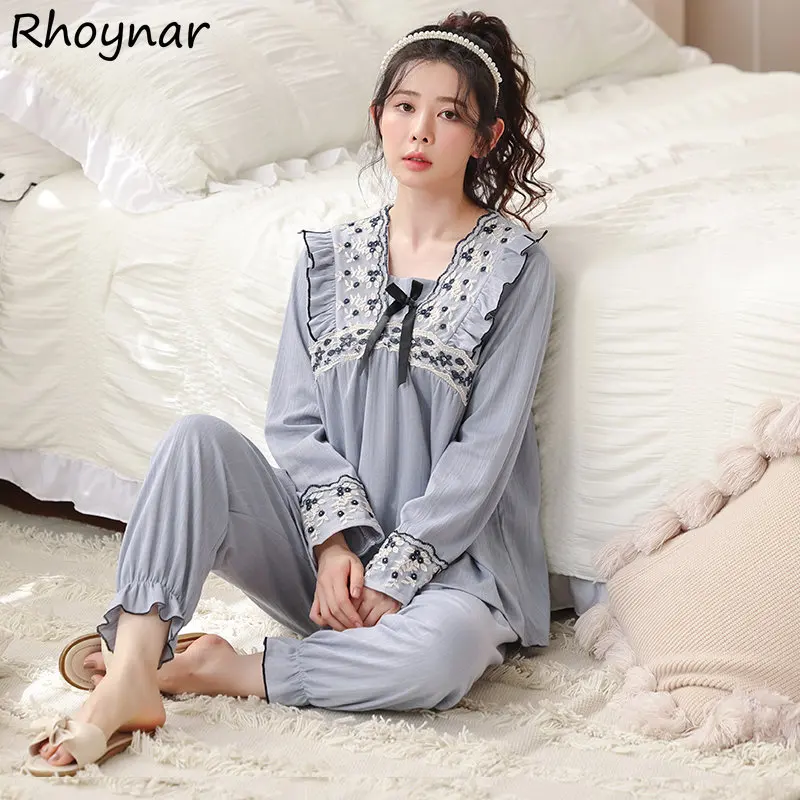 

Women Pajama Sets Autumn Patchwork Design Sweet Princess Students Retro Girlish Ins Homewear Comfort Fashion V-neck Aesthetics