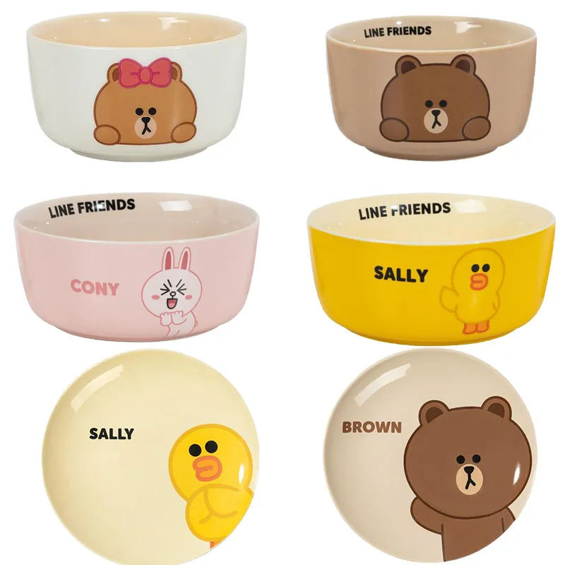 

Line Friends Brown Cony Sally Choco Cute Kitchen Bowl Plate Cartoon Anime Household Ceramic Tableware Set Kids Noodle Bowl