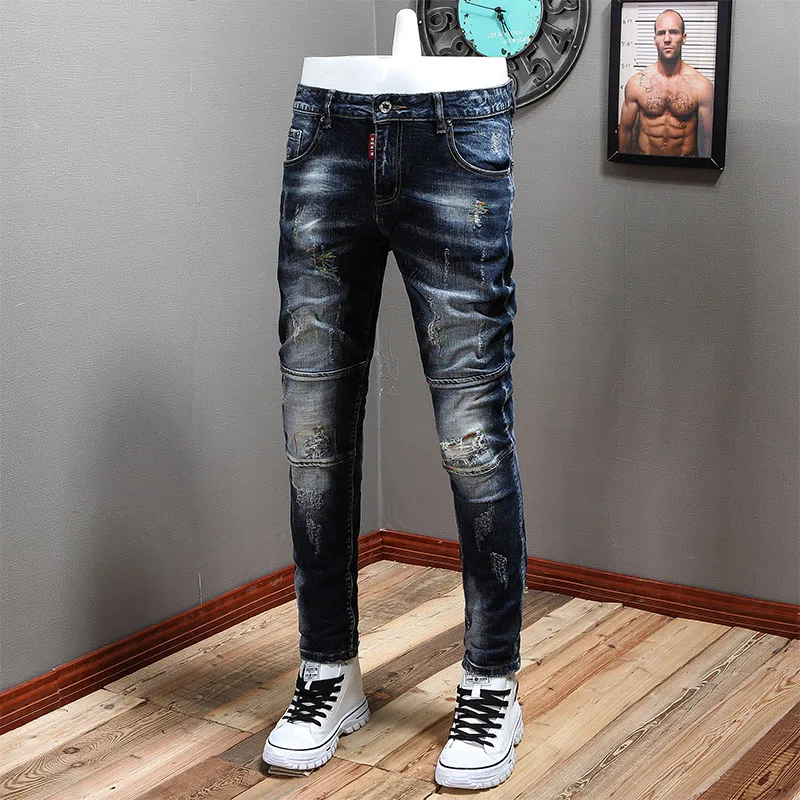 Streetwear Fashion Men Jeans Retro Black Blue Elastic Slim Fit Ripped Jeans Men Spliced Embroidery Designer Hip Hop Pants Hombre