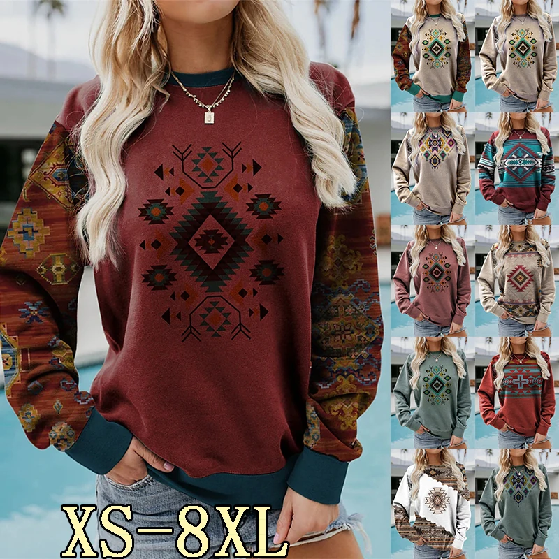 

2022 Autumn and Winter Women's New High Quality Geometric Printing Long Sleeved Casual Trend Personality Pullover XS-8XL