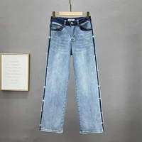 jeans womens trousers 2022 springsummer new high waist loose hot rhinestone denim wide leg pants fashion contrast color jean