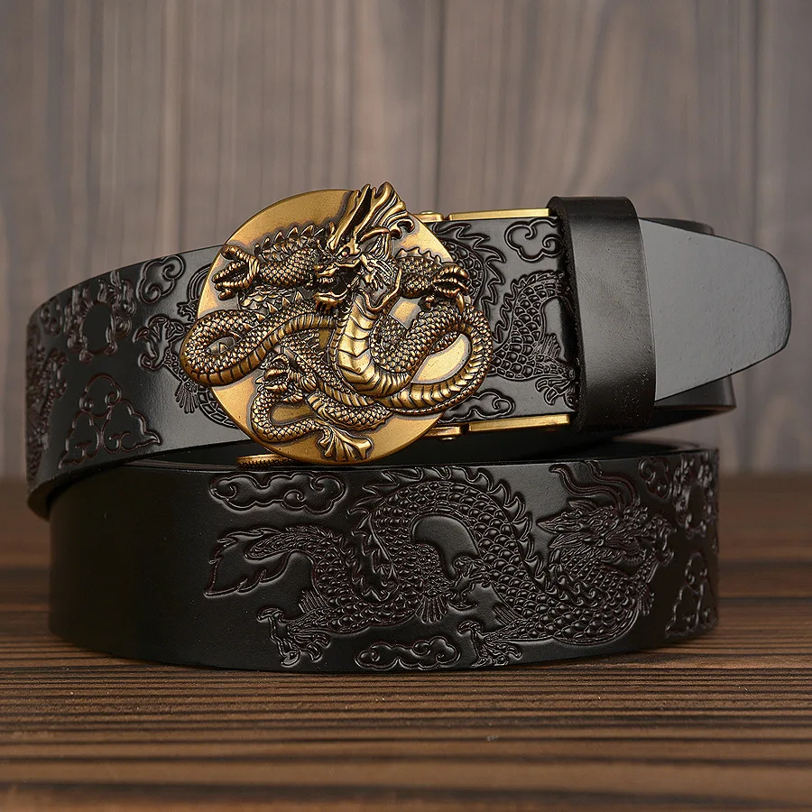 genuine leather belt brand style Golden Automatic buckle male business belt for man Fashion men's belt flying dragon pattern