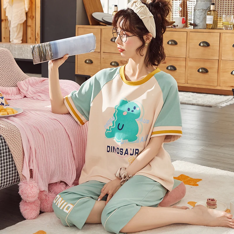

Summer Pajamas Women's Short-Sleeved Cropped Pants6535Cotton Cute Casual Suitable for Daily Wear Homewear Suit