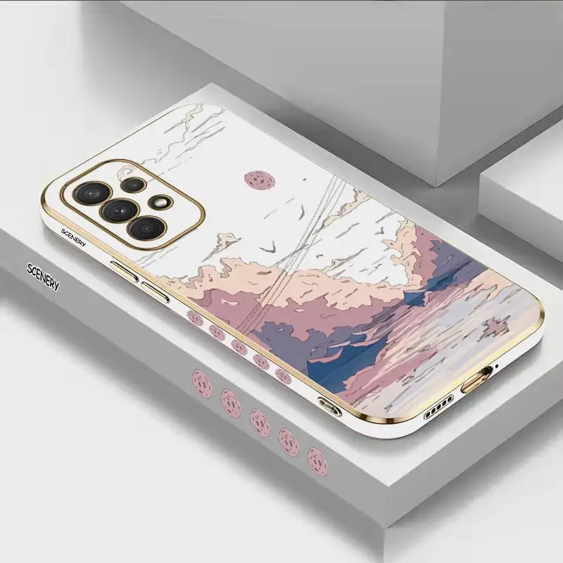 

Painted Sunset Hills Luxury Plating Phone Case For Samsung Galaxy A73 A71 A42 A52 A32 A53 A03S A04 A03 A54 A51 Cover