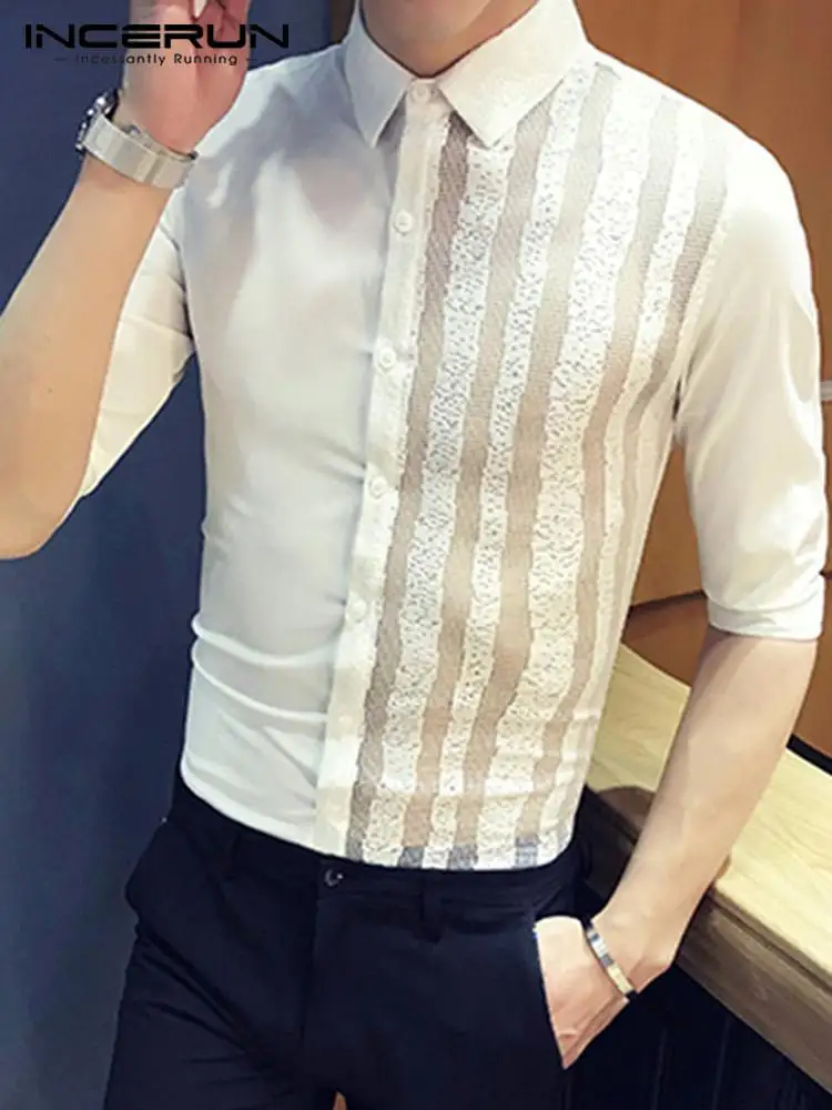 

INCERUN Fashion Men Dress Shirt Half Sleeve 2022 Lapel Mesh Striped Patchwork Party Nightclub Brand Shirts Streetwear Camisas